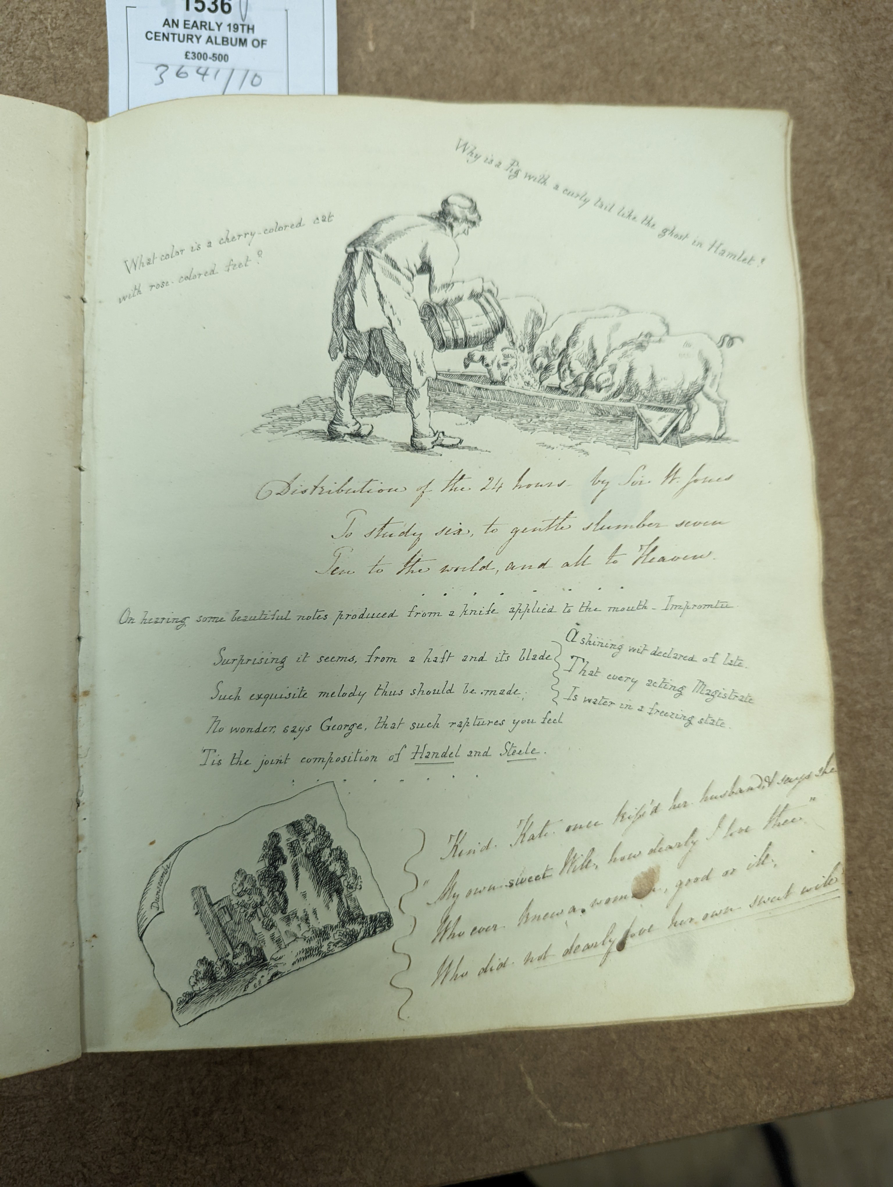 An early 19th century album of 152 watercolours, and pencil and ink drawings, including natural history still life subjects, land and seascapes and vignettes, many with accompanying verse and prose, by approximately 30 d
